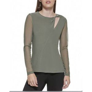 DKNY Olive Long Sleeve Top with Sheer Sleeves